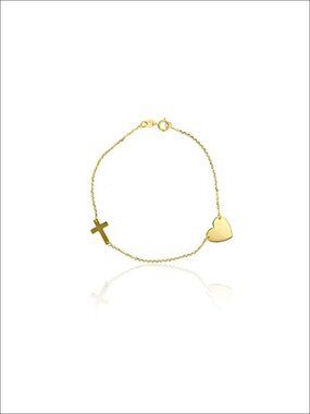 10K Yellow Gold Diamond Cut Heart Charm & Cross Link Bracelet 7 Inch